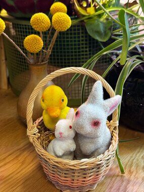 SSCO Flocked Bunny Rabbits and Duckling in Basket, Vintage Circa 1960s